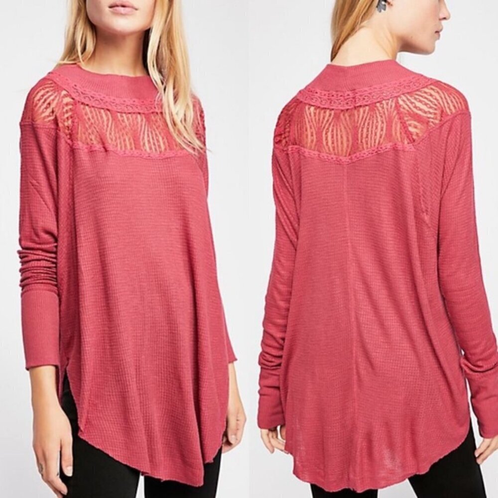 Free People Spring Valley Thermal Knit Lace Top in Raspberry Pink Women's SZ S